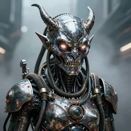 a close up sci fi horror quarter - length portrait of a metallic demon fused into rubber cables and wearing sci fi armor, cinematic lighting, smooth, high detail, glowing eyes, realistic led tube lights, unreal engine, octane render, by vitaly bulgarov artstation, stunning color scheme, by alexandros pyromallis, fog volumes, sci fi panels, greeble detail, cgsociety