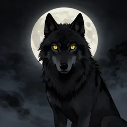 black wolf with yellow eyes in the sky, portrait, dark night with a fullmoon behind the wolf, dramatic black smoke everywhere, japanese art style