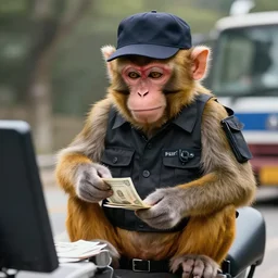 photograph of a monkey dressed as a loan shark collecting money