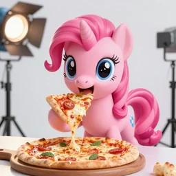 still photo of pinky pie from my little pony eating pizza, highly detailed, photorealistic portrait, bright studio setting, studio lighting, crisp quality and light reflections, unreal engine 5 quality render