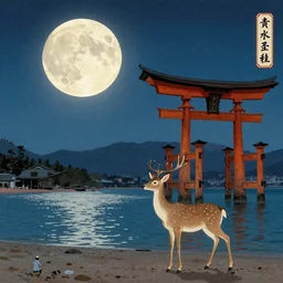 moon, deer, miyajima, by ohara koson, ukiyo - e