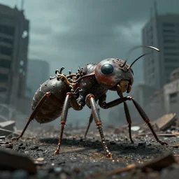 giant dieselpunk ant in a destroyed city, 8 k, moody lighting, shallow depth of field,