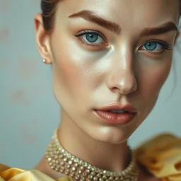 close up of face of a fashion model in luxury dress, pastel shades of light blue and light yellow, by greg rutkowski, by jeremy mann, by francoise nielly, by van gogh, official valentino editorial, highly detailed