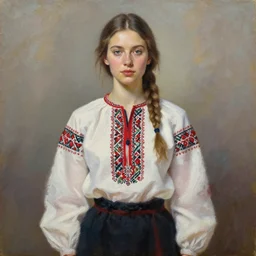 hyperrealism oil painting, portrait of fashion model in traditional ukrainian vyshyvanka