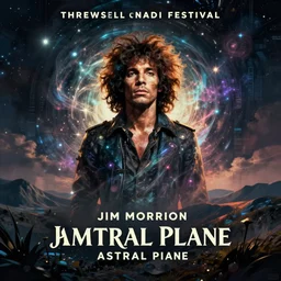 A festival poster of Jim Morrison in the Astral Plane, haunting digital art