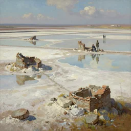 salt flats with scattered ruins, mirage, extremely detailed oil painting, unreal 5 render, rhads, sargent and leyendecker, savrasov levitan polenov, bruce pennington, studio ghibli, tim hildebrandt, digital art, landscape painting, octane render, beautiful composition, trending on artstation, award winning photograph, masterpiece