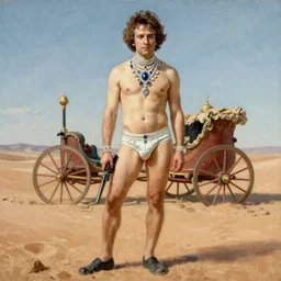 a beautiful full body portrait of heisenberg in underpants with a gun on his hand in the middle of the desert, with a chariot in the background, art by franz xaver winterhalter, highly detailed, elegant, jewlery, romanticism, rococo, neoclassicism, 1 8 5 0 s style painting, oil on canvas, vivid