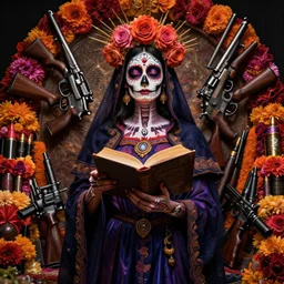 masterpiece of Santa muerte with a book in her hand and surrounded by guns and ammunitions like ofrendas, no crop, digital visionary art, cinematic, extremely high detail, post processed,