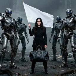 marina abramovich on horsebag, holding a white flag, surrounded by t-1000's, in a dystopian landscape, noir, High Definition detail, 8K