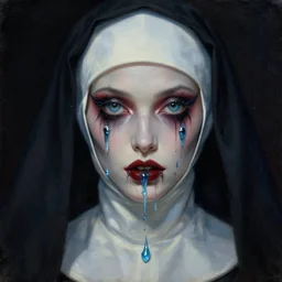 'The stare of the nun' A beautiful detailed aesthetic horror portrait painting depicting 'A satanic nun with a demonic stare, occult lip tattoos and strange blue liquid crystals' by Odilon Redon, Trending on cgsociety artstation, 8k, masterpiece, cinematic lighting.