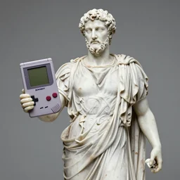 statue of an ancient roman stoic holding a gameboy