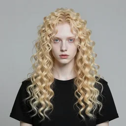 a pretty pale androgynous opal prince with long curly blond hair wearing a black T shirt, very very very pale skin, very very curly blond hair, long blond curly hair, center parted bangs fringe hair, character design concept, cgsociety, by Gustave Repin and Dan Mumford, artstation