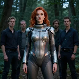 beautiful woman with auburn hair in a skin-tight designer spacesuit, aloof in the forest at dusk, by Edgar Maxence and Ross Tran and Michael Whelan and Gustav Klimpt