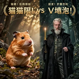 movie poster of hamster!!!! versus voldemort!!!!!!!! hamster on the left, voldemort on the right