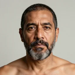 close up portrait of a middle - aged mexican man with a beard, shirtless, blank background, rembrandt lighting, detailed, by kehinde wiley, kadir nelson