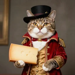 cat dressed like napoleon holding a block of cheese