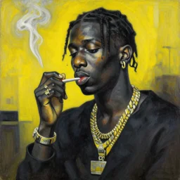 painting of wiz kahlifa smoking, black and yellow, an ultrafine detailed painting by natalia goncharova, pixiv, naive art, detailed painting, whimsical!, cubism!