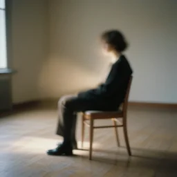 realistic photo of a a blurred person sitting on the chair, side view, empty room, emitting aura 1 9 6 0, life magazine photo, natural colors, metropolitan museum, kodak, 8 k, very detailed, high resolution, product photo,