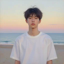an influencer boy portrait, sunset, ocean in distance, oil painting, pale colors, high detail, 8 k, wide angle, trending on artstation,
