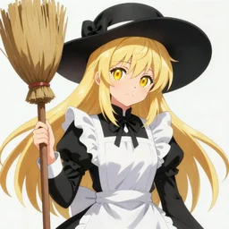 pixiv artwork portrait of marisa kirisame from touhou project, marisa kirisame touhou artwork black black hat hat broom blonde hair finely detailed yellow eyes maid dress white apron by greg rutkowski makoto shinkai key art 4 k 8 k ultrahd trending award winning