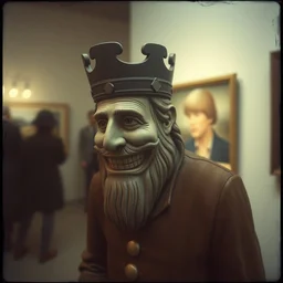 kodak portra 4 0 0, wetplate, muted colours, blueberry, 1 9 3 0 s style, award winning portrait of wooden skulptur of a grinning prince by willy verginer in a vernissage, haze, motion blur, in the style of britt marling and by georges melies