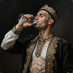 painting of a khan bashkir drinker, anatomy visible, clear - lines, grim - lighting, high - contrast, intricate, elegant, highly detailed, centered, digital painting, artstation, concept art, smooth, sharp focus, illustration, artgerm, tomasz alen kopera, peter mohrbacher, donato giancola, joseph christian leyendecker, wlop, boris vallejo