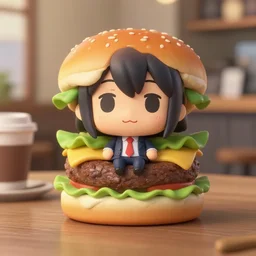 a hamburger with a business suit as nendoroid, at the coffee shop, croods movie style, anime, disney, pixar, 8 k, hd, dof, kodak film, volumetric lighting, subsurface scattering, photorealistic, octane render, details