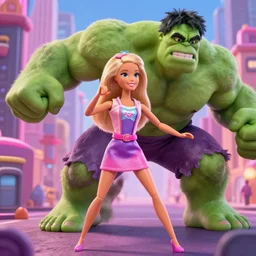 barbie dreamhouse adventure, barbie as the hulk, world's strongest barbie, rampage through the city, anime, disney, pixar, 8 k, hd, kodak film, volumetric lighting, subsurface scattering, photorealistic, octane render, details, xgen fur