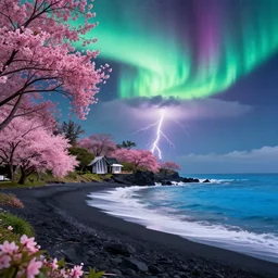somosaguas home on holokalani black beach of maui in royal blue antelope canyon during sakura season on an interstellar aurora borealis with heavy thunder and lightning, pink waterfalls, flowers, by peter mohrbacher, james jean, james gilleard, greg rutkowski, vincent di fate, rule of thirds, octane render, beautiful landscape