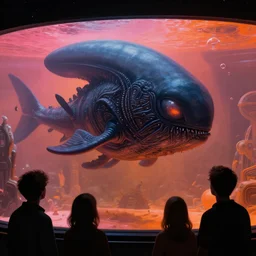 close - up view of human silhouettes watching a giant dark sci - fi alien sea creature with big glowing eyes in a giant futuristic fish tank aquarium, pink and orange colors, highly detailed science fiction painting by syd mead, roger dean, and moebius. rich colors, high contrast, cosmic black background. unreal engine, artstation.