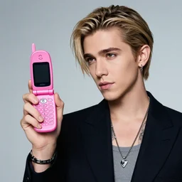 paparazzi photo of jeffree star holding a pink flip phone