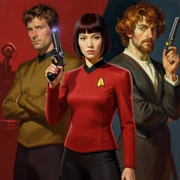 A female asian star trek red shirt holding phaser gun by Artgerm and greg rutkowski and alphonse mucha