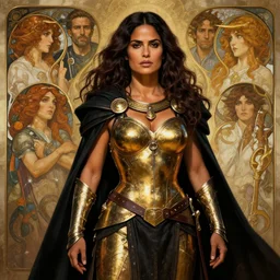 portrait of Salma Hayek  as a muscled  and determined female barbarian clothed in GOLD METALIC  armor and a BLACK cloak, neutral expression, by Greg Rutkowski and John Collier and Krenz Cushart and Artem Demura and Alphonse Mucha and Albert Aublet, as seen on ArtStation, 4k, dungeons and dragons, very aesthetic, very detailed, intricate, unreal, fantasy, dramatic, painterly, artstation, sharp focus, smooth
