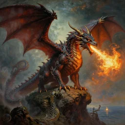 A majestic gothic dragon breathing out fire, by Wayne Barlowe, by Ivan Aivazovsky, by Bruce Pennington, by Paul Lehr, masterpiece, oil on canvas, trending on artstation, top on pixiv, cinematic composition, dramatic scene, beautiful lighting, artgem, aesthetic!, planetary landscape, concept art, sharp, high details, hyper-detailed, astrophotography, no frames, 8K