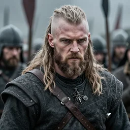 realistic photograph of a rugged viking man in the middle of battle, highly detailed, cinematic, portrait, close - up,