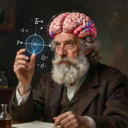 a fine fulcolor portrait of a mad profesor trying to understand how the human brain works and mathematical functions, conceptual ultrarealistic art