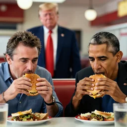 barack obama and guy fieri eating hamburgers in a diner while out of focus trump stands in the background crying
