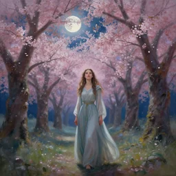 a beautiful painting of arwen in a cherry blossom forest, volumetric lighting, moonlit by greg rutkowski and kalin popov, trending on artstation, masterpiece,