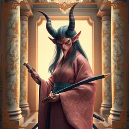 giesha demon wearing a kimono + holding a samurai sword, innovative avant - garde art, deco fashion, photorealistic portrait, crisp quality and light reflections, inside a room with marble columns, transcendent, vibrant color, clean linework, finely detailed, tarot card with ornate border frame, 4 k, trending on artstation, volumetric lighting