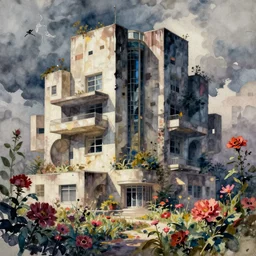 a painting of a building surrounded by flowers, a watercolor and matte painting by Beeple and RHADS and maxfield parrish, cgsociety, brutalism, dystopian art, sci-fi, artstation hq
