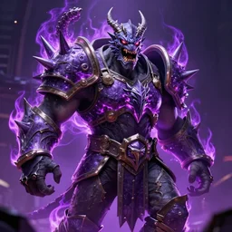 enraged orc king in spiky armor with a purple fiery aura!!!!!!, wearing a dragon mask, trending on artstation, sharp focus, highly detailed, digital fantasy art