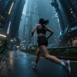 gopro pov of a woman running, intricate scifi environment, motion blur, night, city, raining