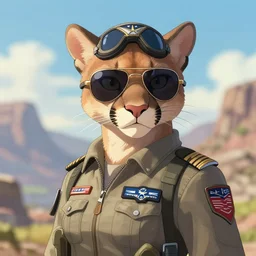 character portrait feature of the anthro female anthropomorphic puma bobcat mountain lion fursona wearing aviator sunglasses fighter jet pilot outfit uniform professional pilot for us air force character design stylized by charlie bowater, ross tran, artgerm, and makoto shinkai, detailed, soft lighting, rendered in octane, peru in background