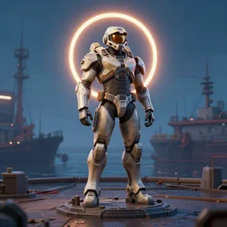 utopian halo master chief statue in the docks by ralph horsley, rossdraws, matte painting, stylized background, cinematic lighting, maya, pixar, unreal engine, artstation