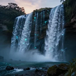 neill blomkamp movie shot, a bioluminescent waterfalls, dusk, movie shot, photo real, ultra detailed, 8 k render