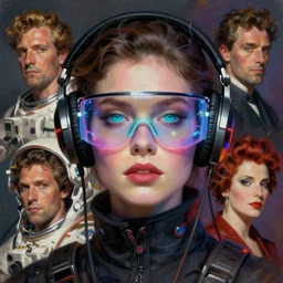 neon cyberpunk programmer with glowing geordi visor over eyes and sleek headphones headshot portrait painting by donato giancola, rhads, tom whalen, alphonse mucha, annie leibovitz, astronaut fashion photography