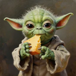 a hyper realistic oil painting of Yoda eating cheese, 4K