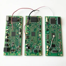 3 circuit boards with no components held together sloppily by wires
