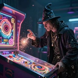a wizard casting conjure pinball machine, cyberpunk, 4 k, highly detailed, cinematic lighting, high particle effects