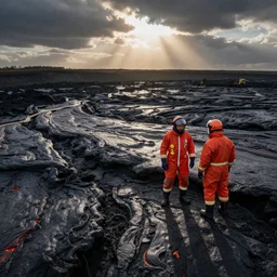 scientists in a fire proximity suit exploring the lava fields in paris